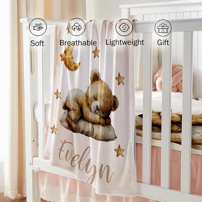 Custom Baby Crib Bedding Set, Personalized Name Star Bear Design Crib Set 3 Pcs, Soft Double Layer Blanket, Crib Sheet & Room Rug, Ideal Nursery Decor Gift for Baby Girls Boys