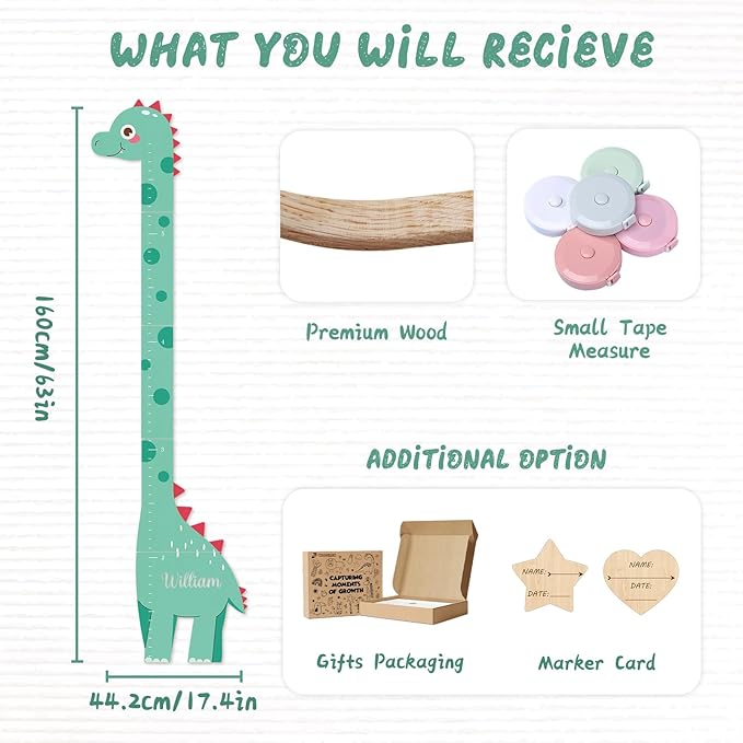 Woodemon Personalized Name Growth Chart, Dinosaur Wooden Height Chart, Thick Height Measuring Board, Kids Height Tracker for Nursery Decor, Baby Boy Girl Measurement Ruler, Growth Charts Ruler