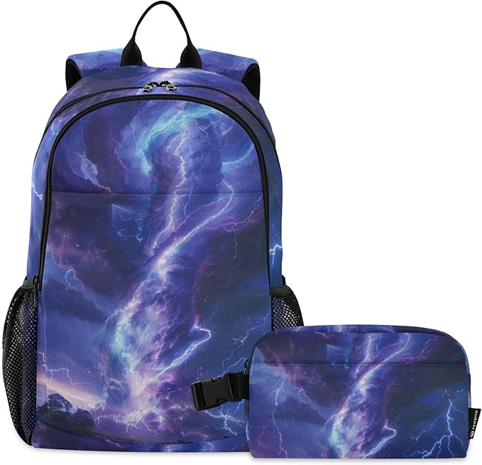 Jucciaco Blue Lightning Tornado Backpack with Lunch Bag, School Travel Backpack for Teens Boys Girls Backpacks Set