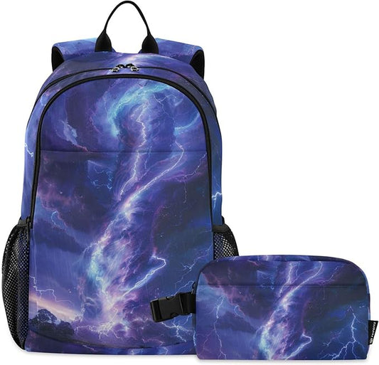 Jucciaco Blue Lightning Tornado Backpack with Lunch Bag, School Travel Backpack for Teens Boys Girls Backpacks Set