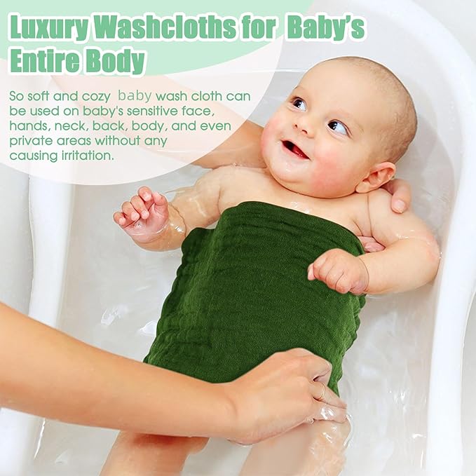 MUKIN Baby Washcloths - Soft Face Cloths for Newborn, Absorbent Bath Face Towels, Baby Wipes, Burp Cloths or Face Towels, Baby Registry as Shower. Pack of 6-12x12 inches (Green)