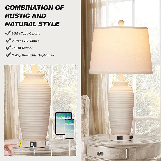 CINSARY 24.3" Farmhouse Jar Table Lamps Set of 2, 3 Way Touch Control Rustic Bedside Lamps with USB A+C Ports & AC Outlet, Pot Nightstand Lamps for Bedroom Living Room (LED Bulbs Included)