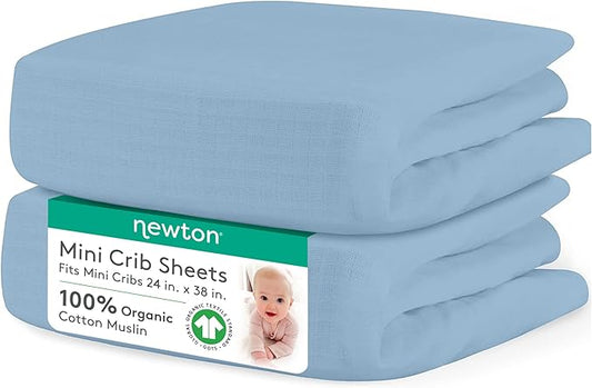 Newton Baby Fitted Mini Crib Sheets (2-Pack) | Organic Muslin Cotton, Breathable & Soft Baby Sheets, Washable Baby Mattress Sheets, Fits Mini Crib Mattresses 24" x 38", Sky Blue