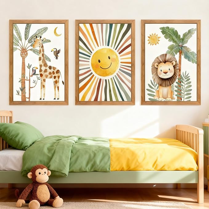Cute Sun Lion Giraffe Quote Framed Wall Art Set of 4, 11x16 Boho Educational Animal Wall Sign for Baby Girl Kid Boy Toddlers, Wooden Inspirational Nursery Wall Decor Natural
