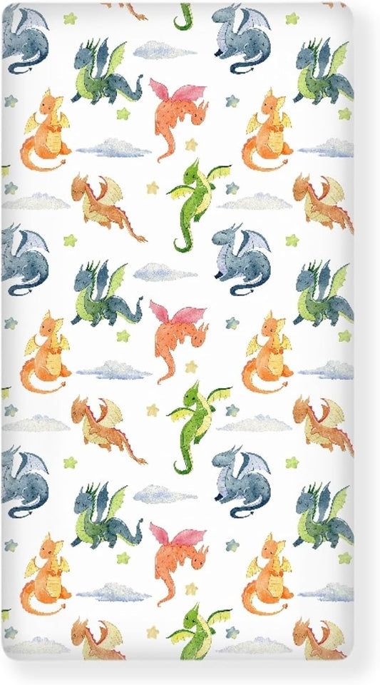 Fairytale Dragons Fitted Crib Sheet for Boys Girls Watercolor Cute Dragon Baby Sheet for Standard Crib and Toddler Clouds and Stars Nursery Bed Mattress Sheets 28"x52"