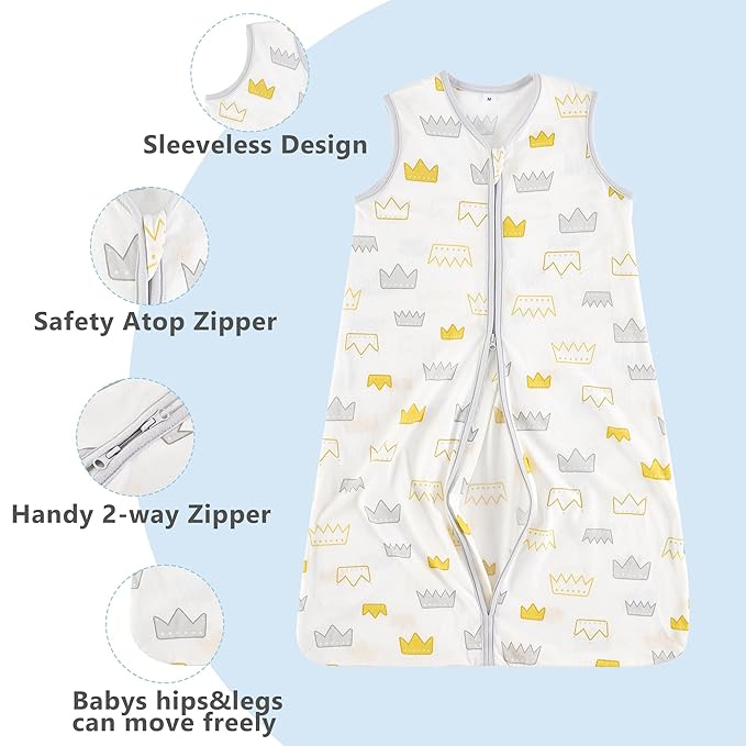 TILLYOU 2 Pack Infant Sleep Sack 0-6 Months 100% Cotton Wearable Blanket 0.5 TOG Sleeveless Summer Sleep Sacks with 2-Way Zipper, Gray Crown