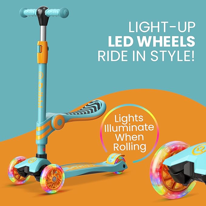 Aqua Orange 3 Wheel Scooter with Seat for Kids, Light-Up Wheels, Adjustable Lean to Steer Handlebar and Seat, Smooth Wheels, Wide No-Slip Deck, Rear Foot Brake, Toddler Outdoor Toys for Ages 2+
