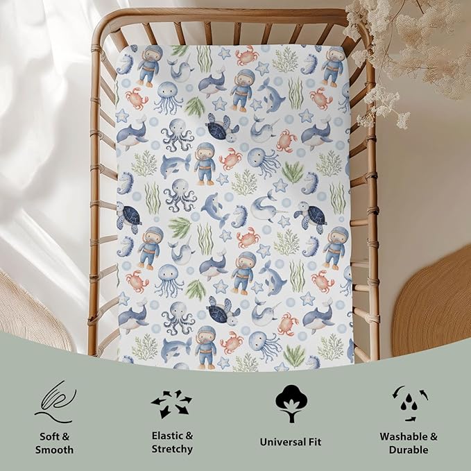 Sea Animal Baby Crib Sheets for Boy Girl 52x28 Diver Turtle Jellyfish Whale Corals Starfish Soft Snug Fitted Crib Mattress Covers Cute Ocean Animals Baby Sheet for Standard Crib & Toddler Bed Mattress