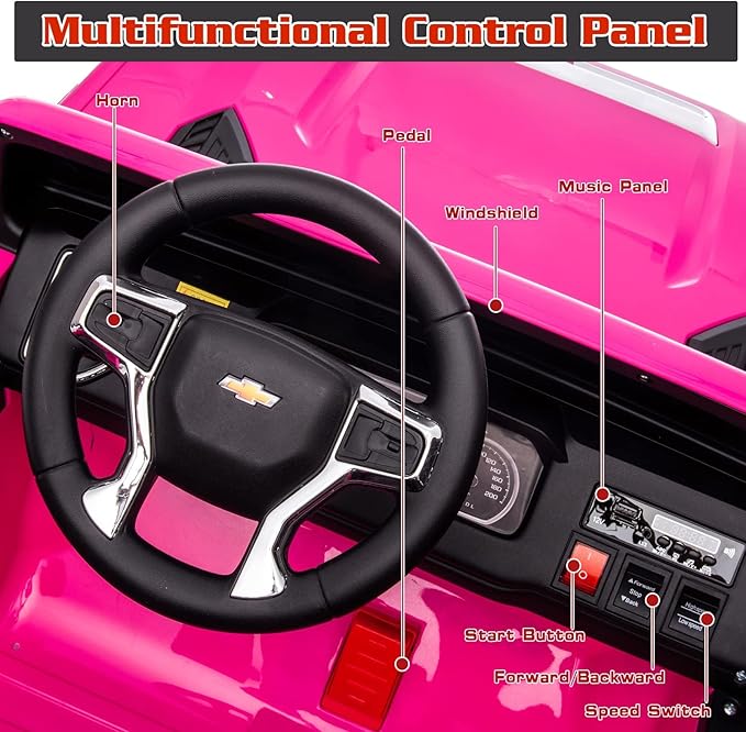 FINITO 24V 2 Seater Ride On Toy Car, Licensed Chevrolet Silverado Ride on Truck, 4WD Kids Electric car, LED Light, Bluetooth Music Player, Gift for Boys and Girls, for 3+ Kids (Pink)