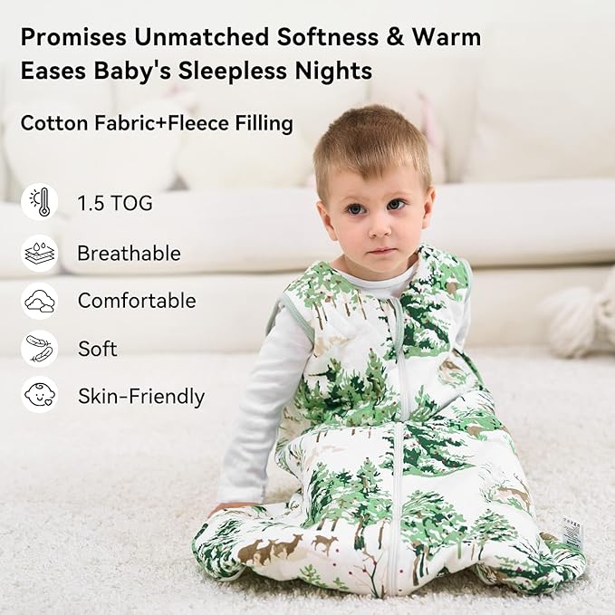 Baby Sleep Sack 0-6 Months 1.5 Tog Baby Wearable Blanket 100% Cotton Fabric Warm Sleeping sack with 2-Way Zipper Quilted for Infant Newborn Tog Green Pine