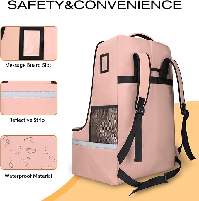 LARIPOP Car Seat Travel Bag for Airplane,Infant Seat Travel Bag with Shoulder Strap,Padded Car Seats Backpack with Reflective Stripes,Large Carseat Carrier Bag Travel Car Seat Cover,Flesh Pink