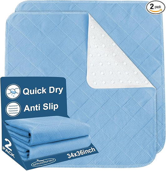 Bed Pads Washable Waterproof(2 Pack, 34 x 36), Washable and Reusable Incontinence Chuck Pads Anti Slip Pee Pads Underpad Sheet Protector for Adults, Elderly, Kids, Toddler and Pets, Blue