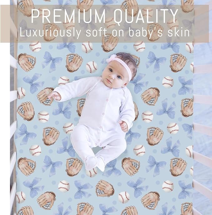 Pastel Blue Baseball Bows Baby Crib Sheets for Boys Watercolor Boy Baseball Soft Snug Fitted Crib Mattress Covers for 52''x28'' Standard Crib & Toddler Mattresses Outdoor Sports Bed Sheets