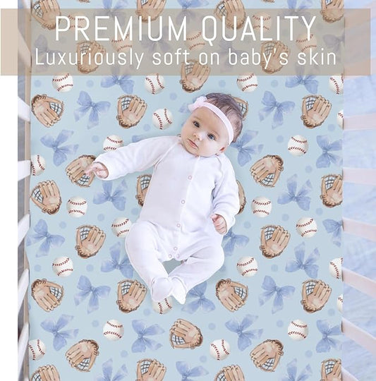 Pastel Blue Baseball Bows Baby Crib Sheets for Boys Watercolor Boy Baseball Soft Snug Fitted Crib Mattress Covers for 52''x28'' Standard Crib & Toddler Mattresses Outdoor Sports Bed Sheets