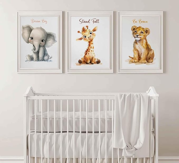 3 Pcs Safari Nursery Canvas Wall Art Kids Cute Inspirational Animal Lion Giraffe Elephant Painting Picture Wall Decor Poster Print Artwork for Baby Boys and Girls Room Home Decoration Unframed