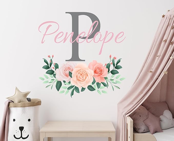 CuteDecals Flowers Custom Name & Initial Wall Decal - Personalized Peonies Art Decor Mural Girls Stickers For Nursery Bedroom Decoration (Mini Wide 15''x13'' Height)