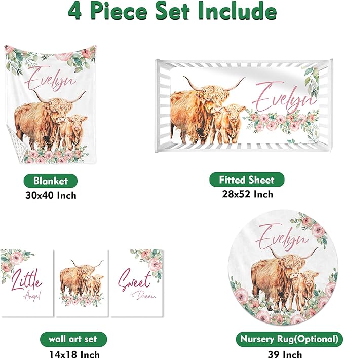 Personalized Baby Crib Bedding Set: 4 Piece Custom Floral Highland Cow Crib Bed Set with Name, Nursery Bedding Set for Baby Girls, Newborn Boys Crib Sets, Crib Bedding Custom Gift, Crib Sheet