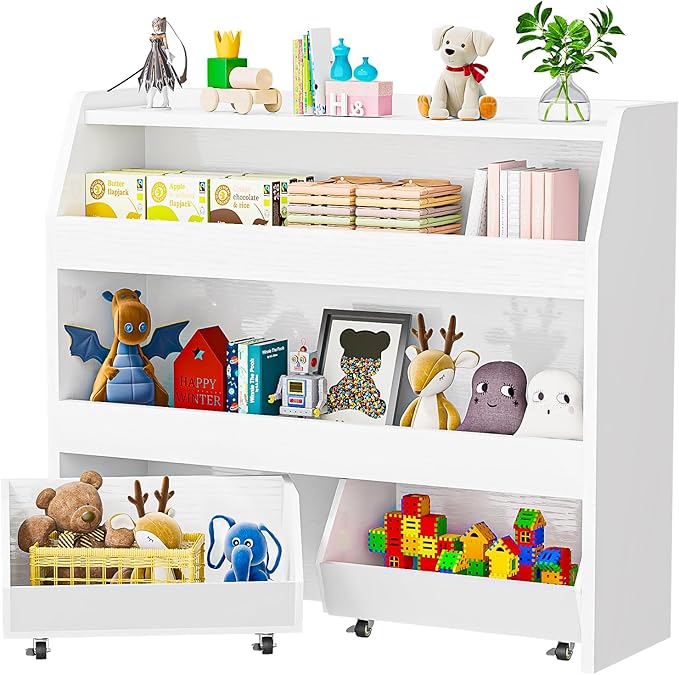 COZPAW Toy Storage Organizer, 3 Tier Montessori Shelf with Movable Bins, Toy Organizers Book Shelf for Kids Room, Playroom, Nursery (White)