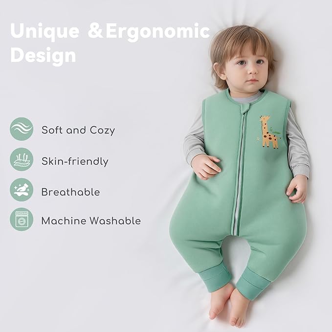 Toddler Sleep Sack with Feet 2-3 T, 1.0 TOG Cotton Baby Wearable Blanket with Legs, Sleep Bag Walker with 2-Way Zipper, Green + Giraffe
