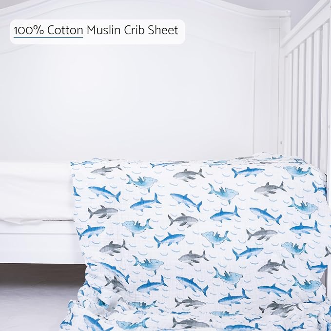 LollyBanks Fitted Crib Sheets for Boys, Soft 100% Cotton Baby Boy Sheet, Fits Standard Size Mattress 28 in x 52 in, Breathable Muslin Crib Sheet 1 Pack (Sharks Print)