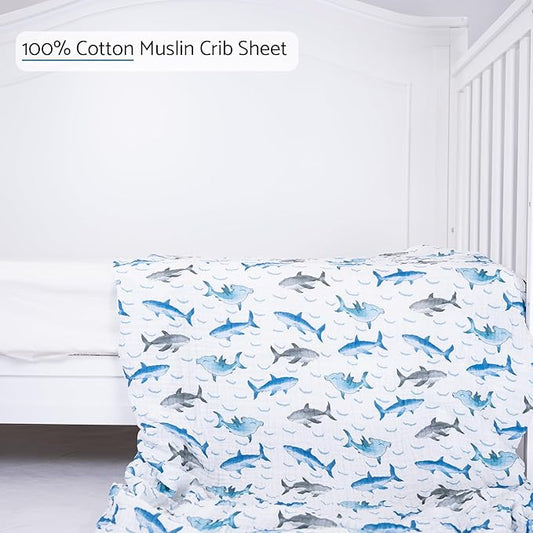 LollyBanks Fitted Crib Sheets for Boys, Soft 100% Cotton Baby Boy Sheet, Fits Standard Size Mattress 28 in x 52 in, Breathable Muslin Crib Sheet 1 Pack (Sharks Print)