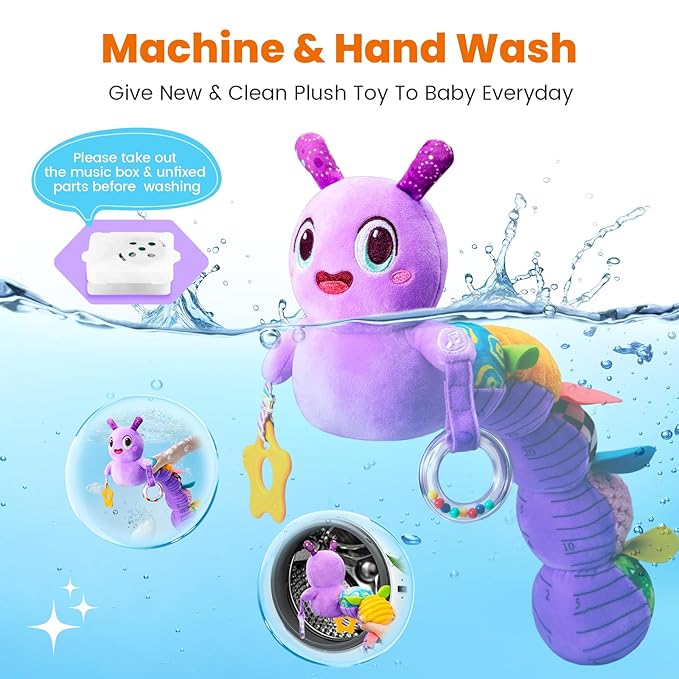 Baby Toys 0-6 Months, Washable Baby Musical Caterpillar Toys with 10 Kid's Songs,Rattles,BabyTeething Toys,Suitable for 0-6, 6-12 Months Infant Tummy Time Toy,Newborn Baby Boy&Gril Gifts(Purple)