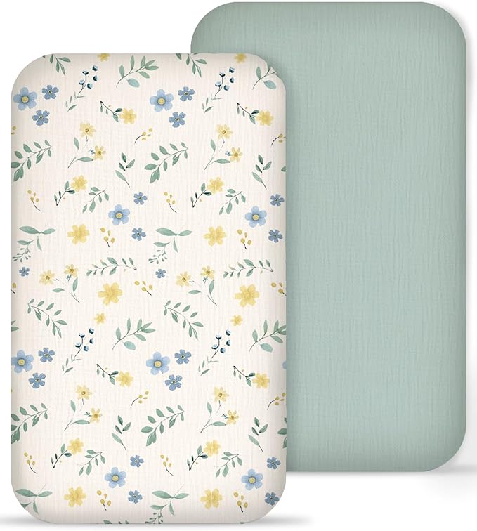 Muslin Bedside Bassinet Sheets 2 Pack, 33x20 Fitted Ultra Soft & Breathable Bedside Sleeper Sheets, Ideal for Baby Girl and Boy, Perfect for Newborns (Spring Garden & Sage)