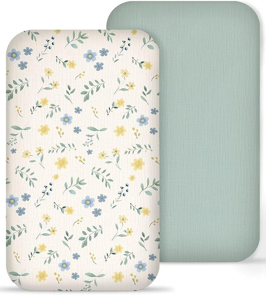Muslin Bedside Bassinet Sheets 2 Pack, 33x20 Fitted Ultra Soft & Breathable Bedside Sleeper Sheets, Ideal for Baby Girl and Boy, Perfect for Newborns (Spring Garden & Sage)