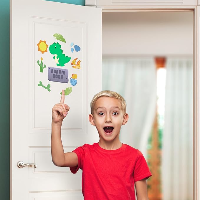 EGD Custom Dinosaur Door Decal with Name | Door Decals for Bedroom or Nursery | Personalized Vinyl Wall Decal for Kids Room | Fun Jurassic Theme Wall Stickers for Boys (D. Dinosaur)