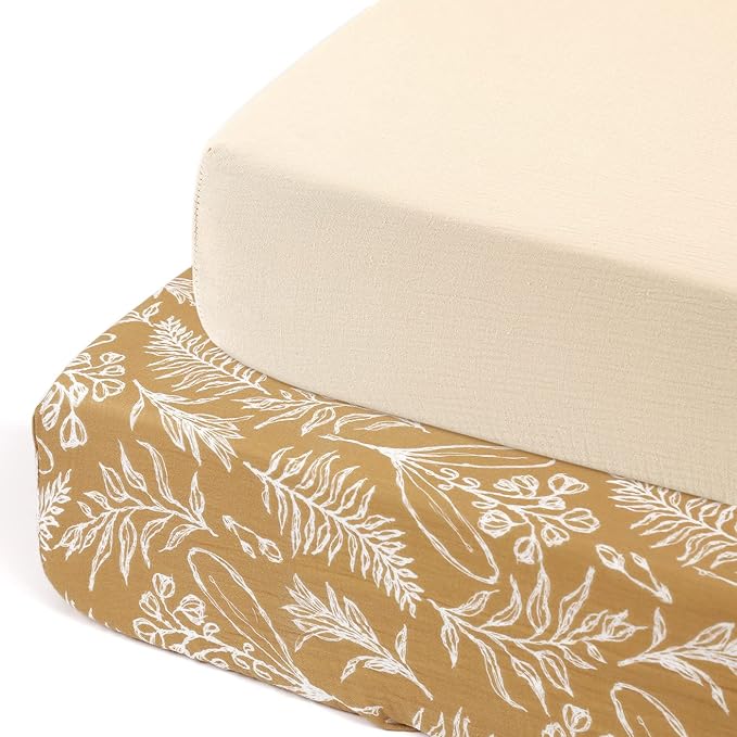 GRSSDER Soft Muslin Crib Sheet 2 Pack, 100% Cotton Crib Sheets for Boys and Girls, Fit Standard Crib Mattresses 52" x 28" Safe and Snug, Beige/Golden Autumn