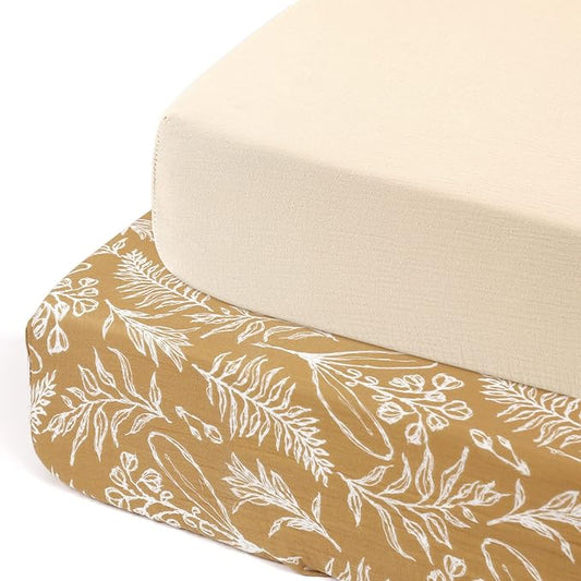 GRSSDER Soft Muslin Crib Sheet 2 Pack, 100% Cotton Crib Sheets for Boys and Girls, Fit Standard Crib Mattresses 52" x 28" Safe and Snug, Beige/Golden Autumn