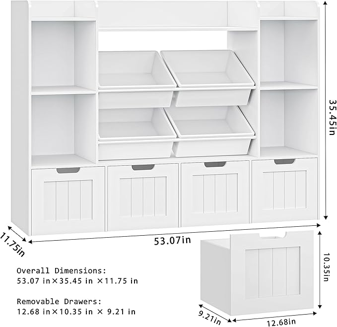 LULUBEAR Toy Storage Organizer, Toy Organizer with 4 Movable Drawers and 4 Box Bins, Kids Playroom Storage Organization with Hidden Wheels for Living Room, Kids Room