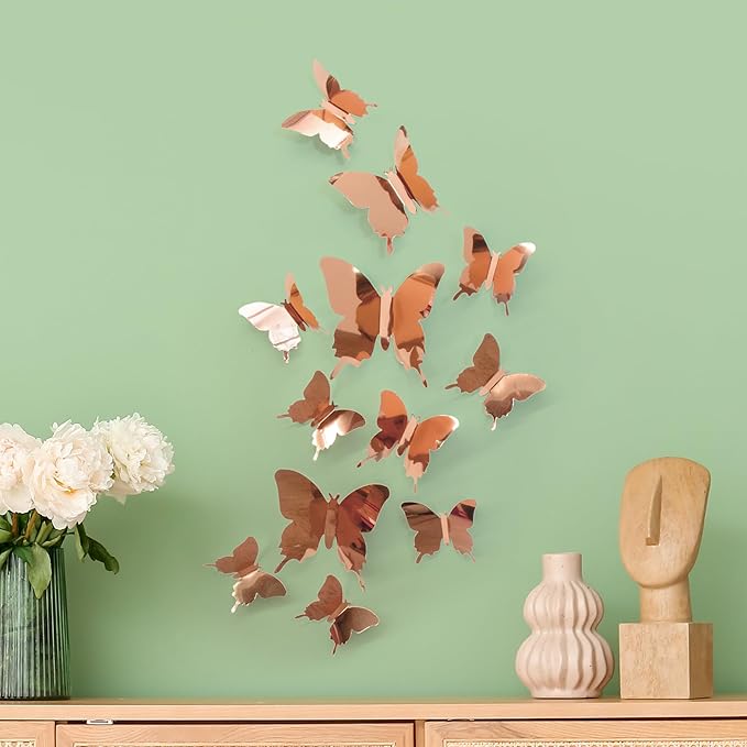 Butterfly Wall Decal Room Decor, Rose Gold Butterfly Wall Decor 24 pcs, Party Decor, Wedding Decoration, Aesthetic Butterflies Stickers for Bedroom