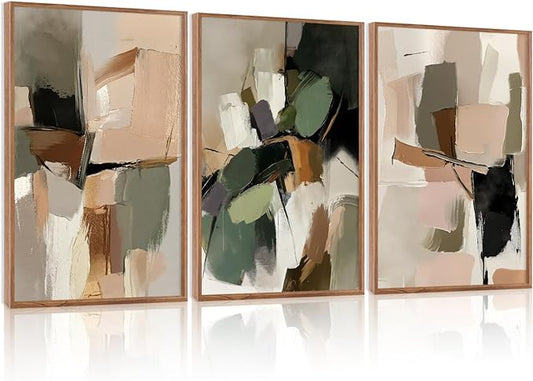 CHDITB Modern Abstract Framed Canvas Wall Art Set, Minimalist Wall Decor, Neutral Pastel Illustration Artwork Vintage Aesthetics Painting, Large 3 Piece Art Prints for Living Room, Bedroom 24"x36"x3