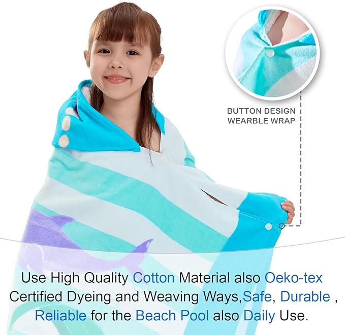 VOOVA & MOVAS Toddler Bath Towels Age 3-8, 30''X50,100% Cotton | Soft | Thick, Hooded Towel for Kids Girls, Perfect for Beach, Pool, Bath,Swim, Stripe Mermaid