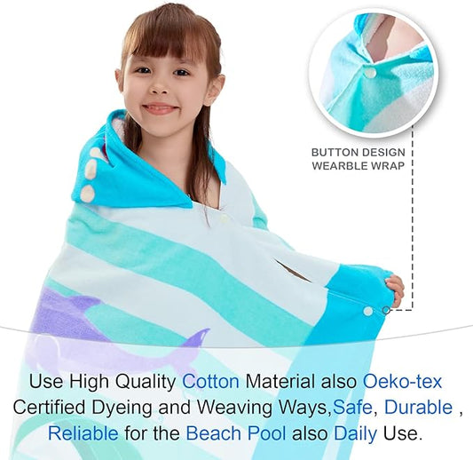 VOOVA & MOVAS Toddler Bath Towels Age 3-8, 30''X50,100% Cotton | Soft | Thick, Hooded Towel for Kids Girls, Perfect for Beach, Pool, Bath,Swim, Stripe Mermaid