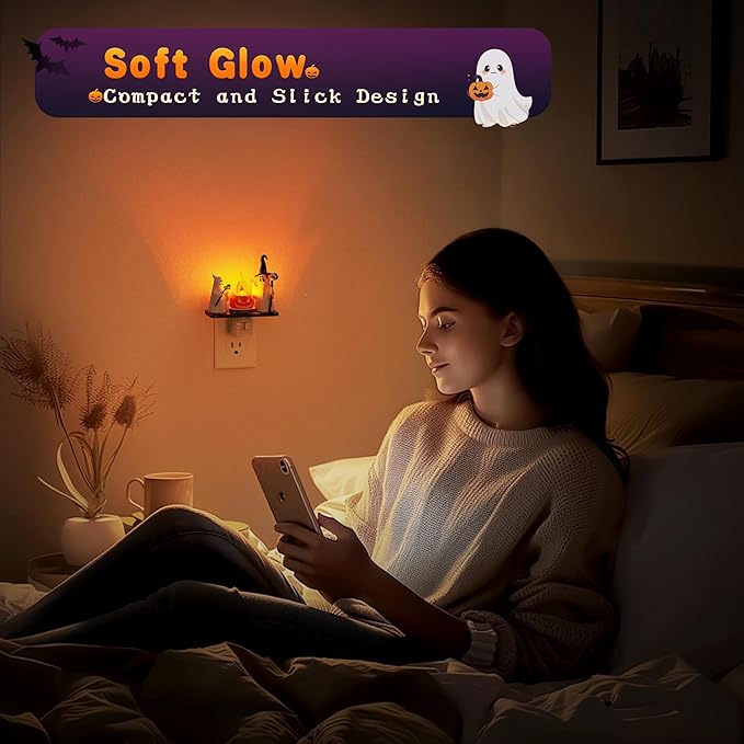 Halloween Night Light,Amber Night Lights Plug into Wall,Cute & Funny Flaming Jumping Night Light,Ghost & Pumpkin Plug in Nightlight with 360° Rotatable for Kids Halloween Party Decor,2 Pack