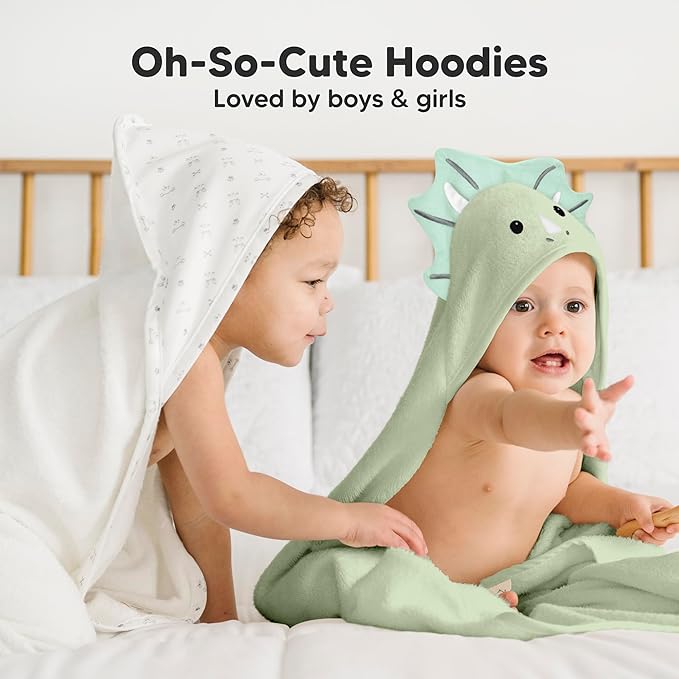 KeaBabies Hooded Baby Towel for Newborn - Viscose Derived from Bamboo Large Baby Bath Towels with Hood for Boys, Girls, Toddler, Extra Absorbent & Soft Newborn Bath Essentials (Triceratops, Petite)