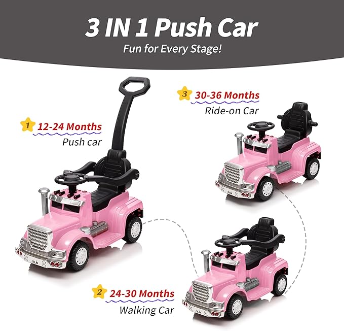3-in-1 Ride on Push Car for Toddler with Handle, Toddler Ride on Toy for Boys, Stroller Sliding Walking Car w/Music, Horn and Lights - Light Pink