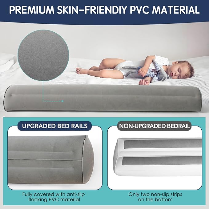 2Pack Inflatable Travel Bed Rails for Toddlers, Non-Slip Soft Flocking Blow Up Bed Rails for Kids | Toddler Bed Guard Rail for Full, Queen, King Size Beds, Portable Bed Bumper for Travel