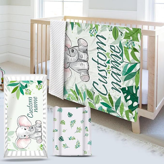 Custom Name Crib Bedding Set 3-Piece – Green Elephant Design Baby Bedding Set with Personalized Soft Blanket, Fitted Sheet, Changing Pad Cover – Ideal Newborn Gift for Boys and Girls
