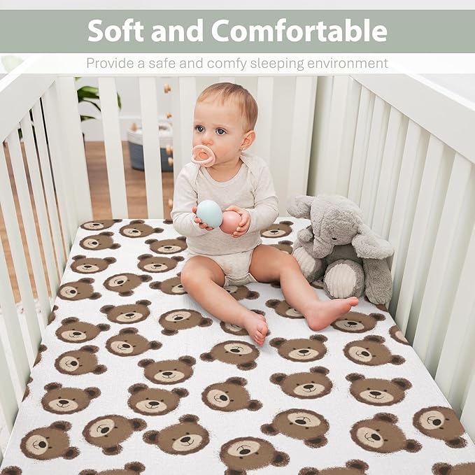 Neutral Boho Bears Baby Crib Sheets for Boy Girl 52x28Inch Cute Brown Bear Soft Snug Fitted Crib Mattress Covers Watercolor Bears Nursery Baby Sheet for Crib and Toddler Bed Mattresses