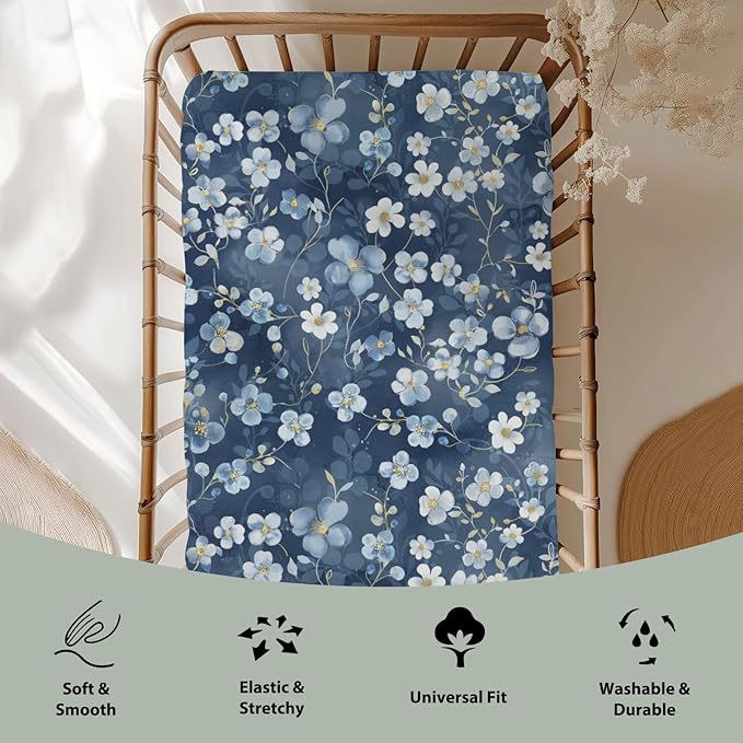 Wonderful Flowers Baby Crib Sheets for Boy Girl 52x28Inch Vintage Blue Floral Soft Stretchy Fitted Crib Mattress Cover Spring Summer Nursery Baby Sheet for Standard Crib and Toddler Bed Mattresses