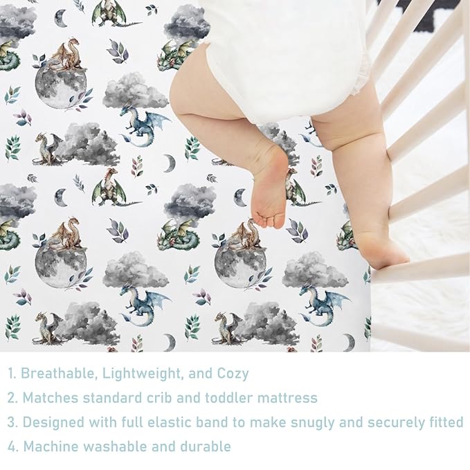 Watercolor Dragons Fairytale Baby Crib Sheets - 52''x28'' Dragon Wings Leaves Moon Clouds Stretchy Fitted Mattress Cover for Boy & Girl - Soft Nursery Bed Sheets for Standard & Toddler Mattress