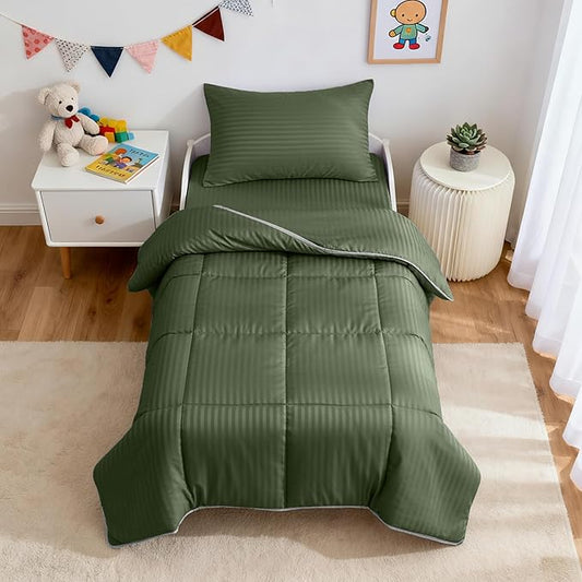 ZPECC Toddler Bedding Set - 4 Piece Hypoallergenic Baby Crib Bedding Set for Boys and Girls, Includes Toddler Comforter, Flat Sheet, Fitted Sheet and Pillowcase, Olive Green