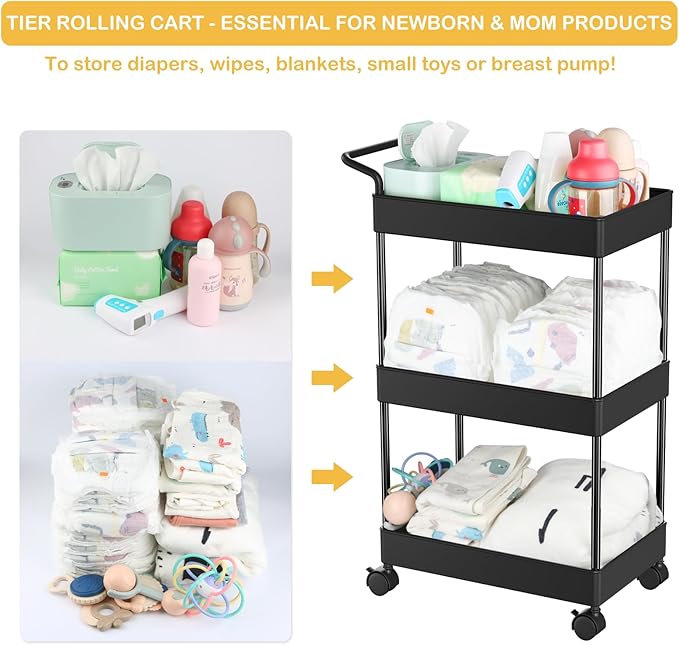 Volnamal Baby Diaper Caddy – Plastic Diaper Organizer for Nursery Essentials, Movable Cart for Changing Table & Crib, Easy to Assemble, Black