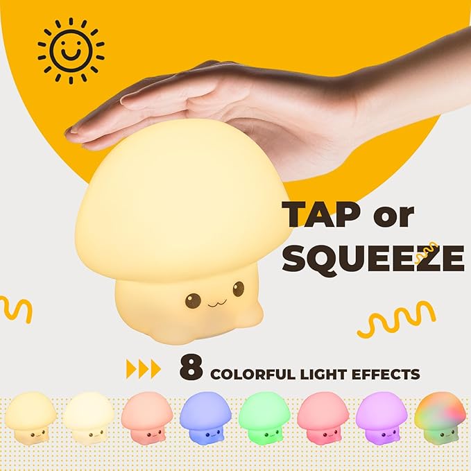 B BENEHORTI LED Squishy Animal Night Light - 2 Level Dimmable Nursery Lamp, Rechargeable Touch Lamp, Cute Dorm Decor - Perfect Boys Girls Gift (Cartoon Mushroom)