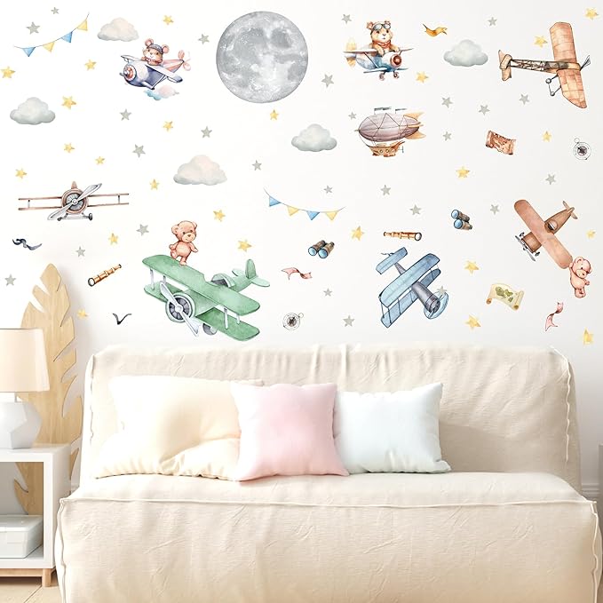Vintage Airplane Wall Decals Cartoon Aircraft Balloon Animal Wall Stickers Moon Star Cloud Fabric Wall Stickers Cute Helicopter Watercolor Plane Wall Decals for Boys Room Kids Bedroom Nursery Decor