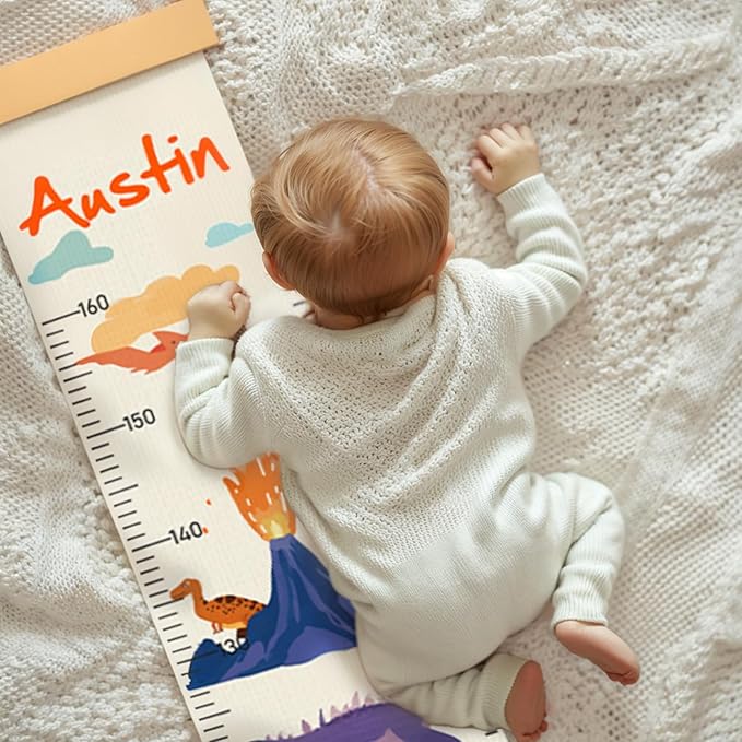Woodemon Customize Name Canvas Growth Chart for Kids, Dinosaur Unisex Kids Room Wall Decor, Measuring Height Chart, Wall Tape with Height Chart for Kids, Foldable Height Tracker, Lightweight