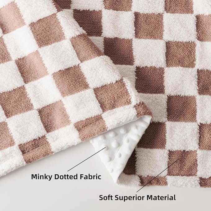 Soft Black and White Checkered Baby Blankets for Unisex Girls or Boys Breathable Gender Neutral Nursery Double Layer Blankets with Dotted Backing for Newborn Toddlers (Minky Brown)